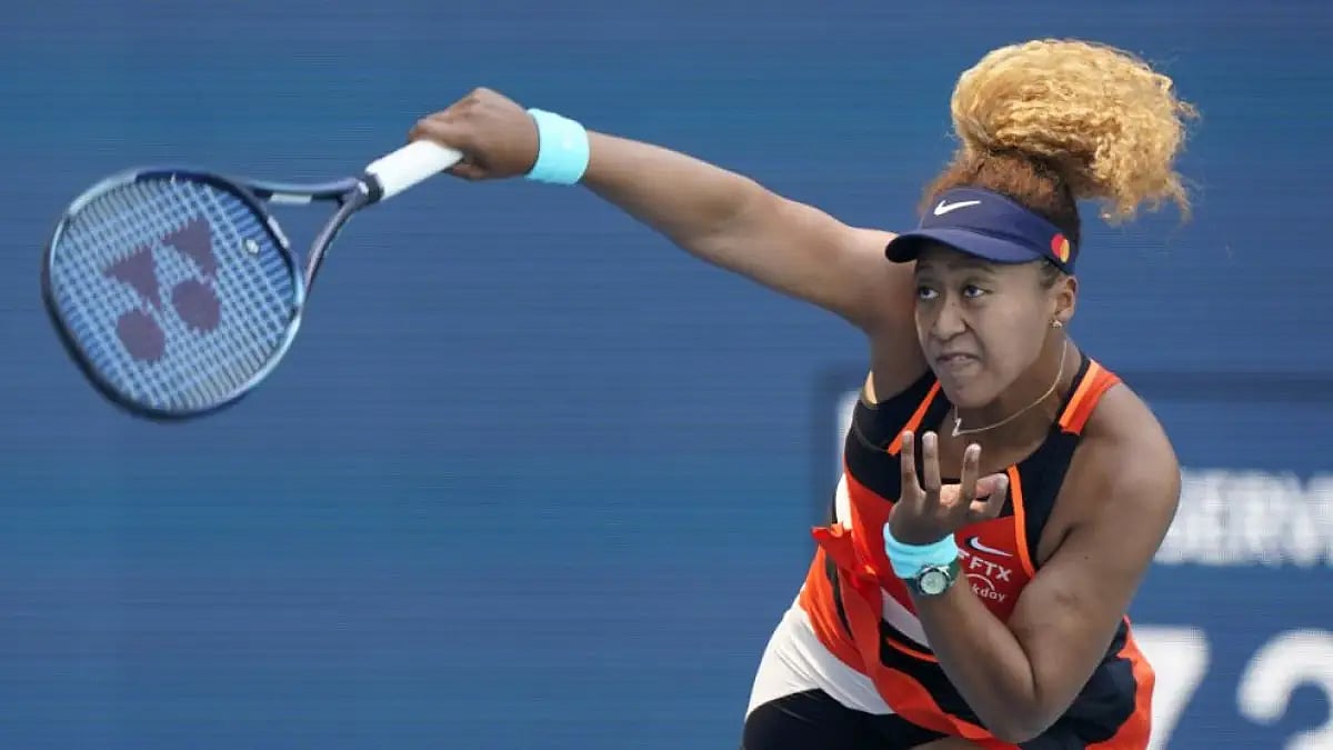 Naomi Osaka of Japan serves to US’ Alison Riske during the Miami Open on Monday.
