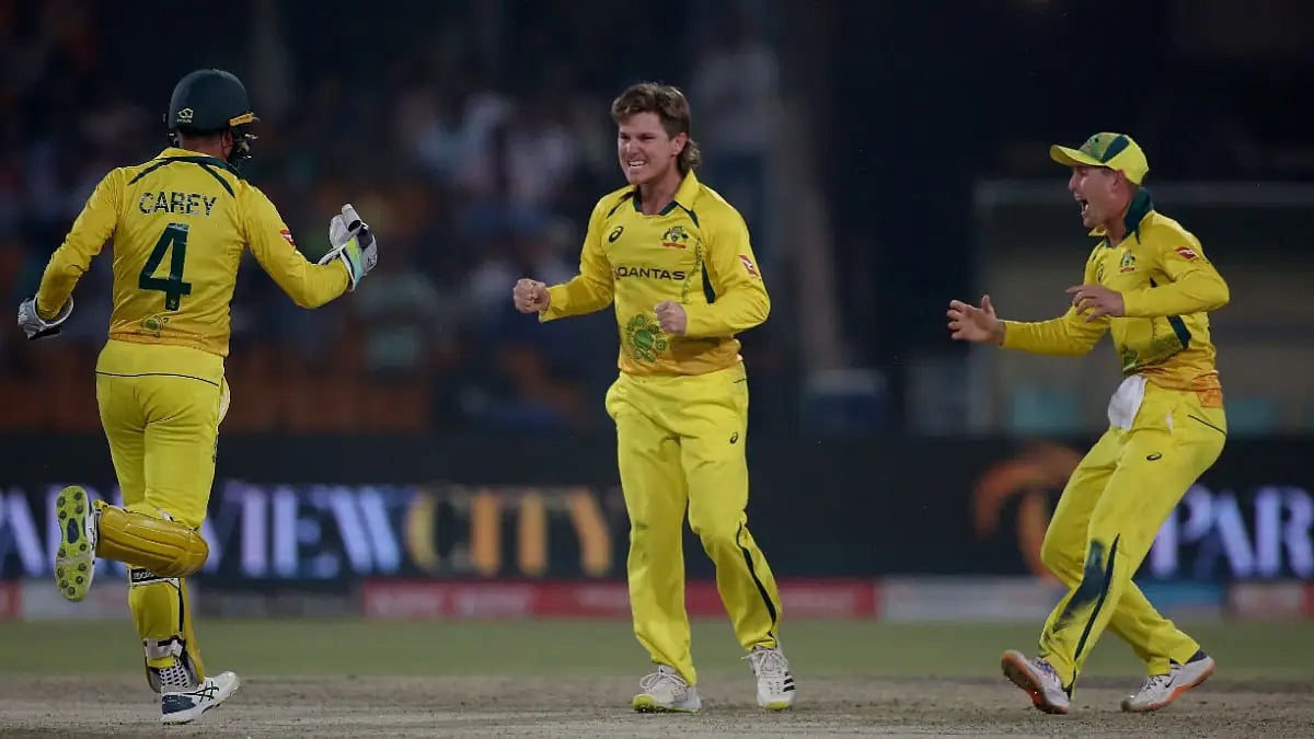 Adam Zampa celebrates one of his four scalps against Pakistan in 1st ODI. Get PAK vs AUS highlights.