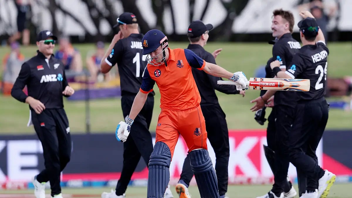 New Zealand players celebrate the dismissal of a Dutch batter in the first ODI on Tuesday.  