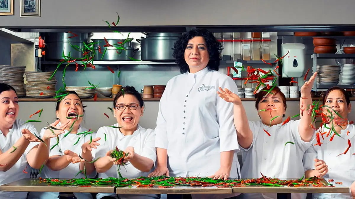 Asma Khan with her all-women staff at The Darjeeling Express in London