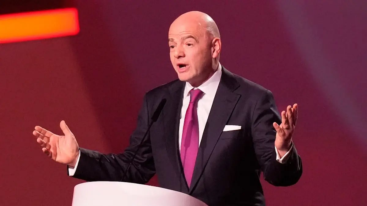 FIFA President Gianni Infantino gestures during the 2022 FIFA World Cup draw in Doha. 