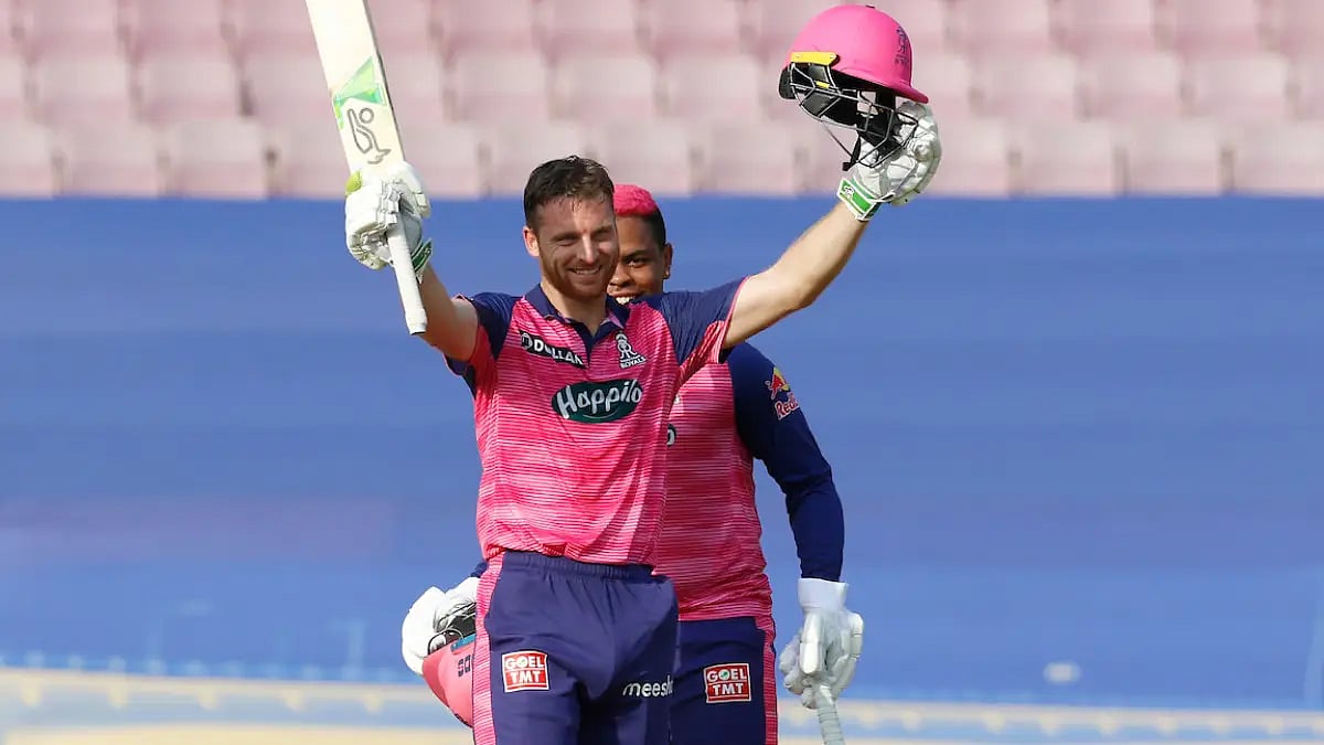 Rajasthan Royals' Jos Buttler celebrates after his century against Mumbai Indians in IPL 2022.  