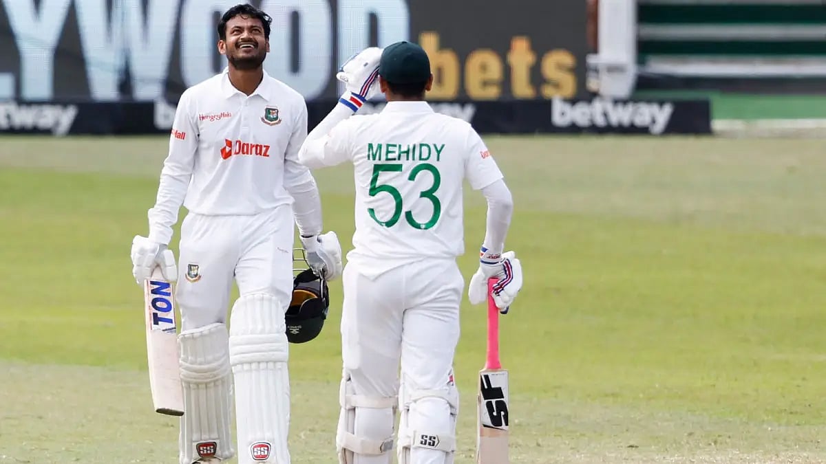 Mahmudul Hasan Joy looks up to the skies after completing his century against South Africa.