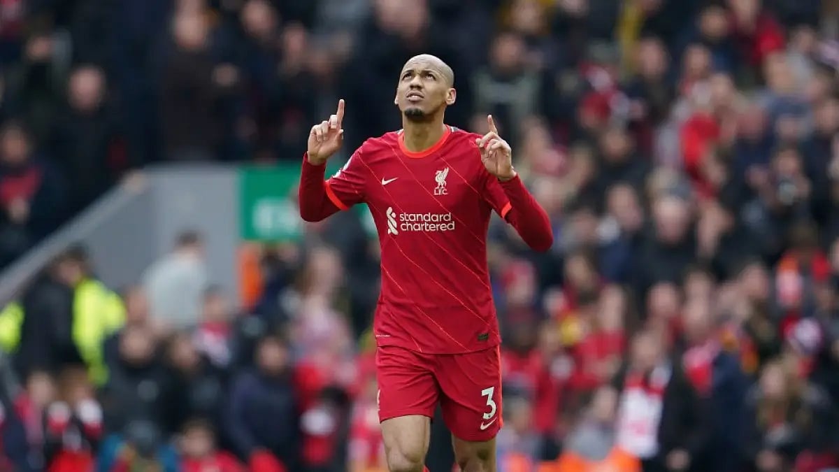 Liverpool's Fabinho celebrates after scoring against Watford in Premier League 2021-22 on Saturday.