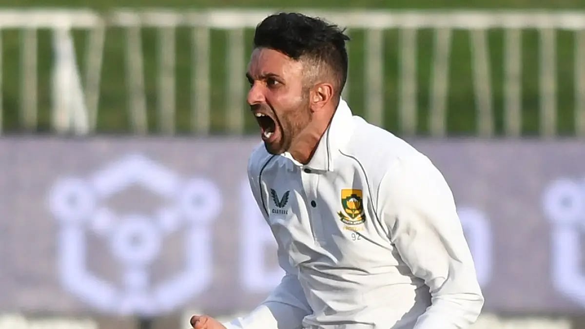 South Africa spinner Keshav Maharaj celebrates after taking a Bangladeshi wicket on Day 4.  