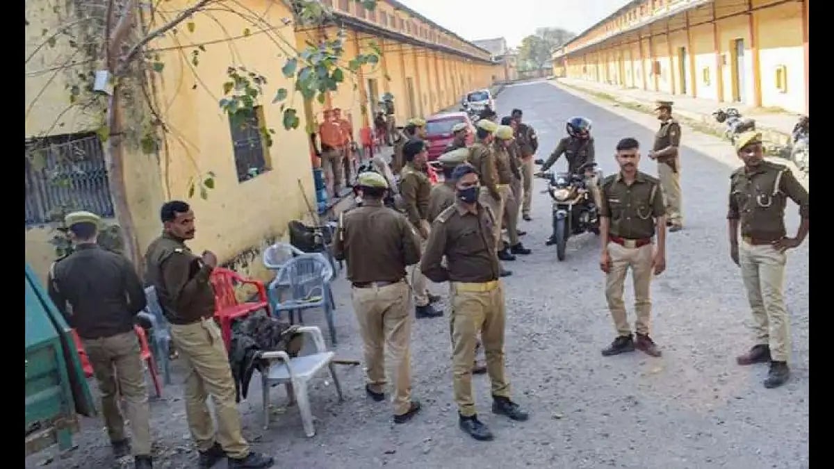Police force on duty to maintain law and order situation at Rajasthan's Karauli