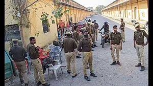 Police force on duty to maintain law and order situation at Rajasthan's Karauli