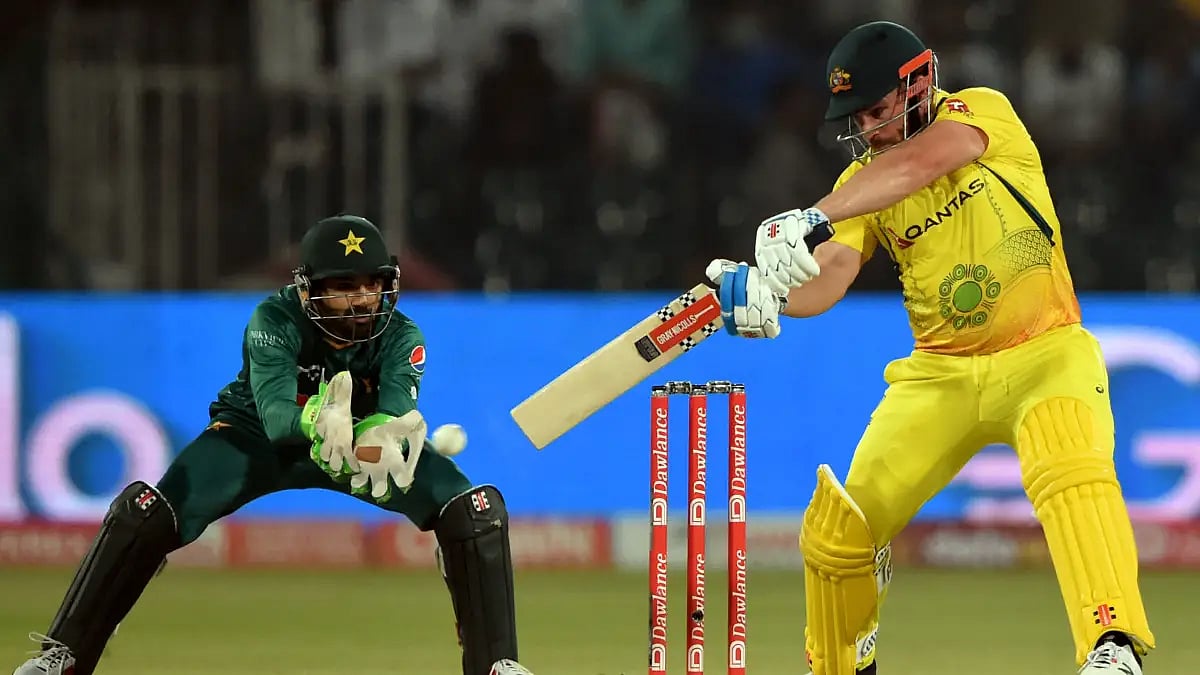 Aaron Finch plays a shot on the off-side against Pakistan in one-off T20. Get PAK vs AUS highlights.