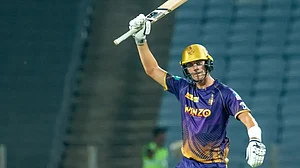 Pat Cummins reacts after reaching his fifty against Mumbai Indians in IPL 2022 on Wednesday.