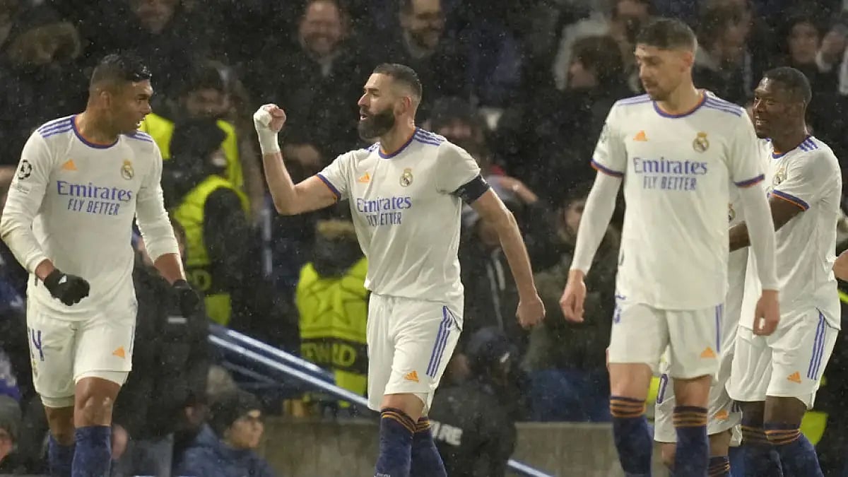 Real Madrid's Karim Benzema celebrates a goal against Chelsea during their Champions League match.