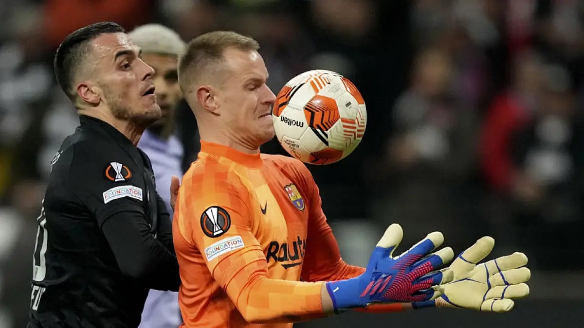Barcelona's goalie Marc-Andre ter Stegen against Frankfurt during their Europa League quarter-final.