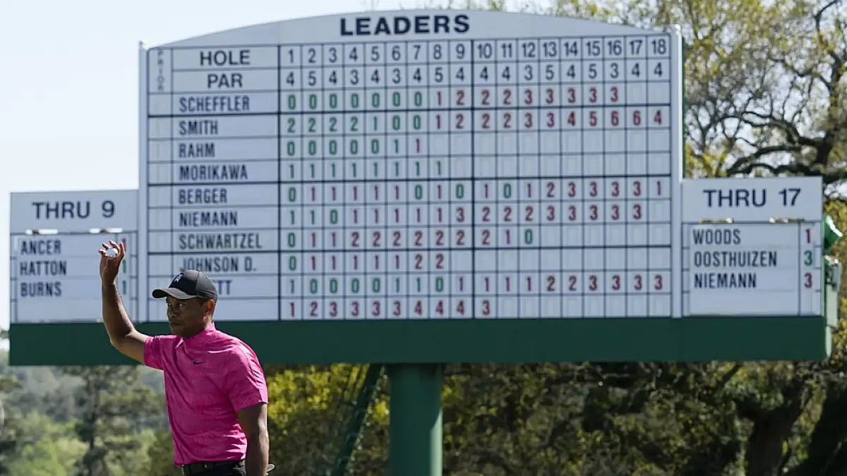 Tiger Woods holds up his ball after playing out the 18th hole at the Masters.