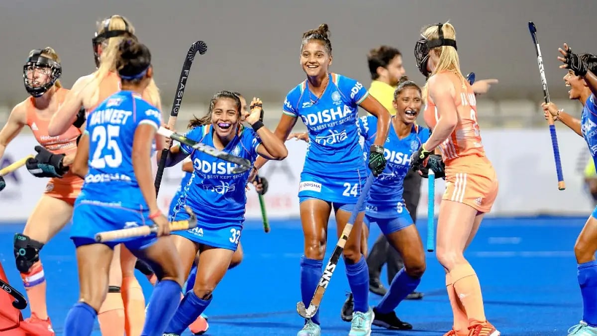 Indian players celebrate after scoring their first goal against Netherlands in FIH Pro League. 