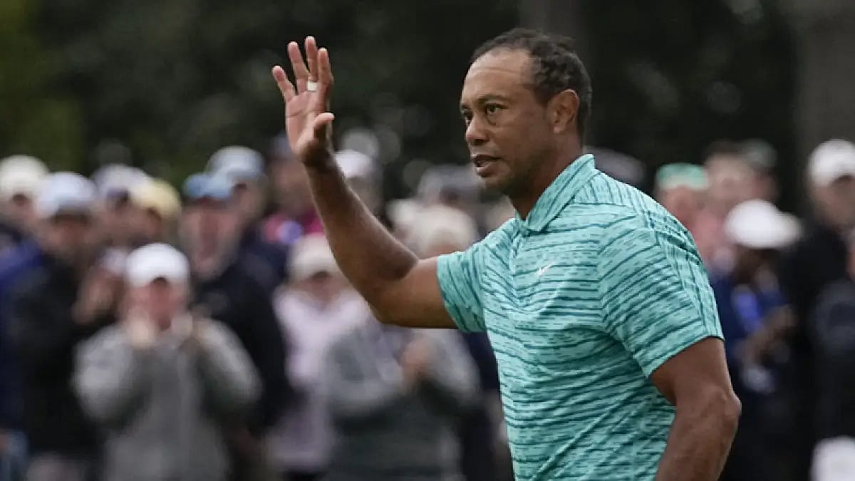 Tiger Woods after putting out on the 18th green during the second round at the Masters 2022.