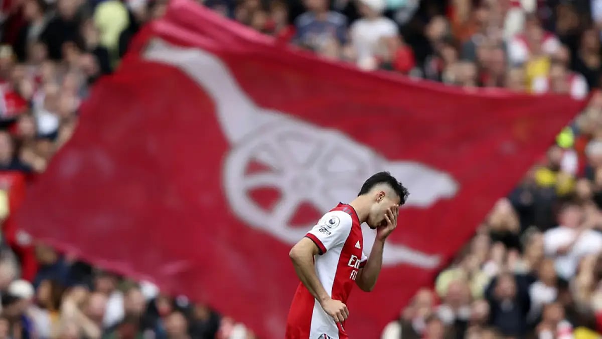Arsenal's Gabriel Martinelli reacts after scoring a disallowed goal against Brighton.