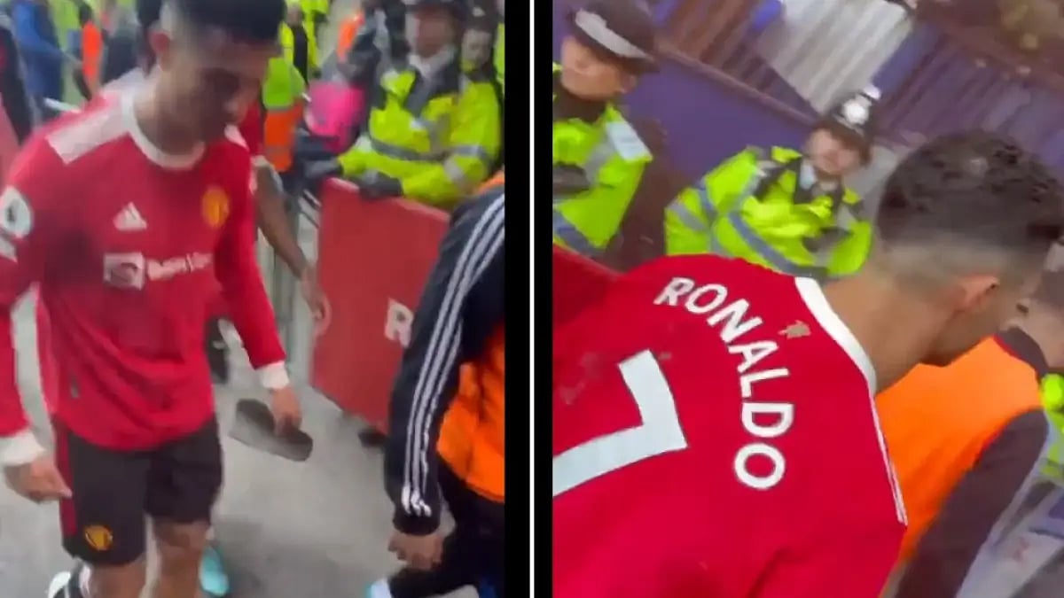 Man United's Cristiano Ronaldo lashes out at an Everton fan after his side’s loss on Saturday.