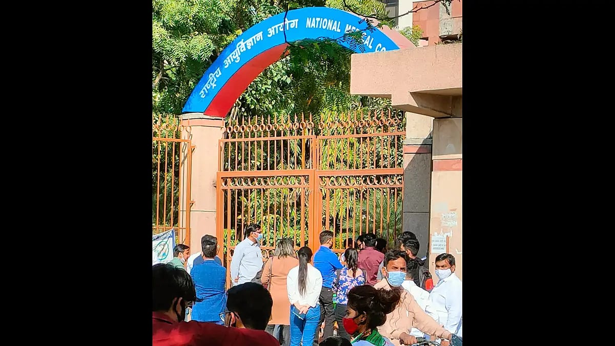 Medical students outside National Medical Commission in Delhi.