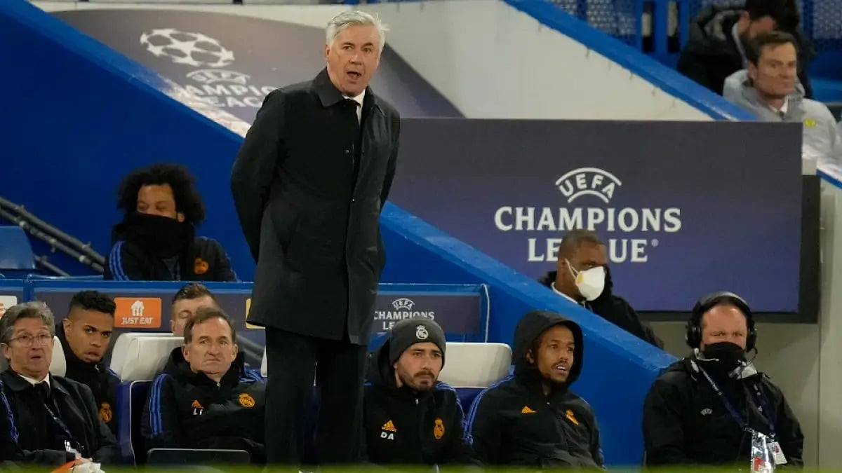 Real Madrid's coach Carlo Ancelotti grimaces during a UEFA Champions League match against Chelsea.