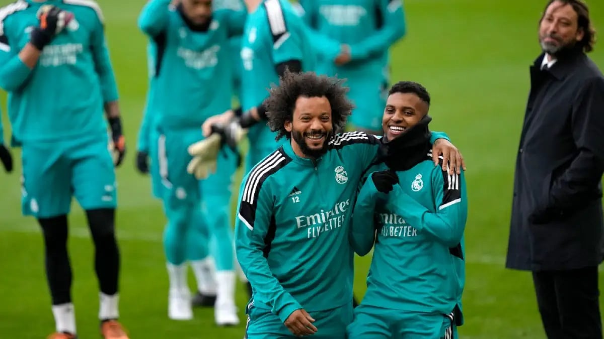 Real Madrid's Marcelo and Rodrygo (R) are in joyous mood ahead of UCL quarterfinal vs Chelsea.