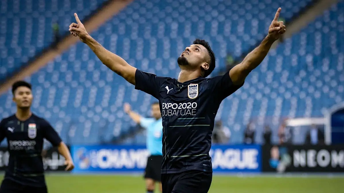 Mumbai City FC's Rahul Bheke celebrates after scoring versus Air Force Club in AFC Champions League.