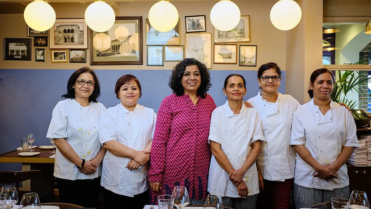 Asma Khan with her all-women kitchen staff at Darjeeling Express