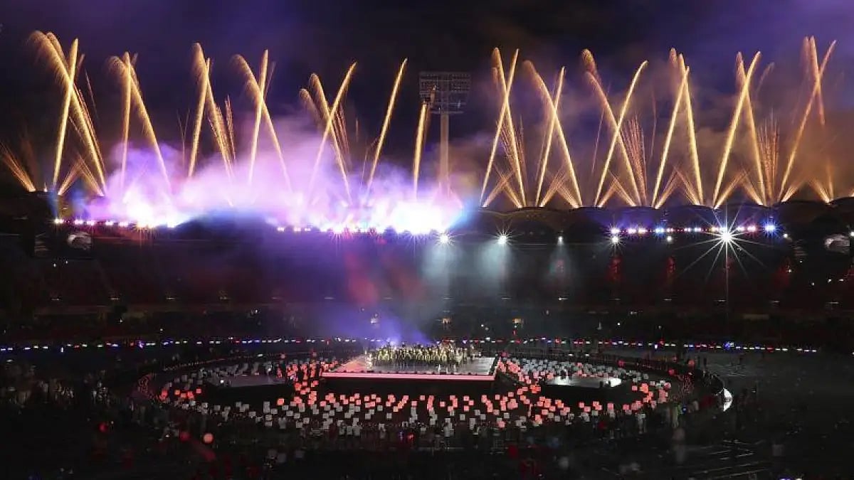Fireworks light up at the Carrara Stadium during closing ceremony of 2018 Commonwealth Games.