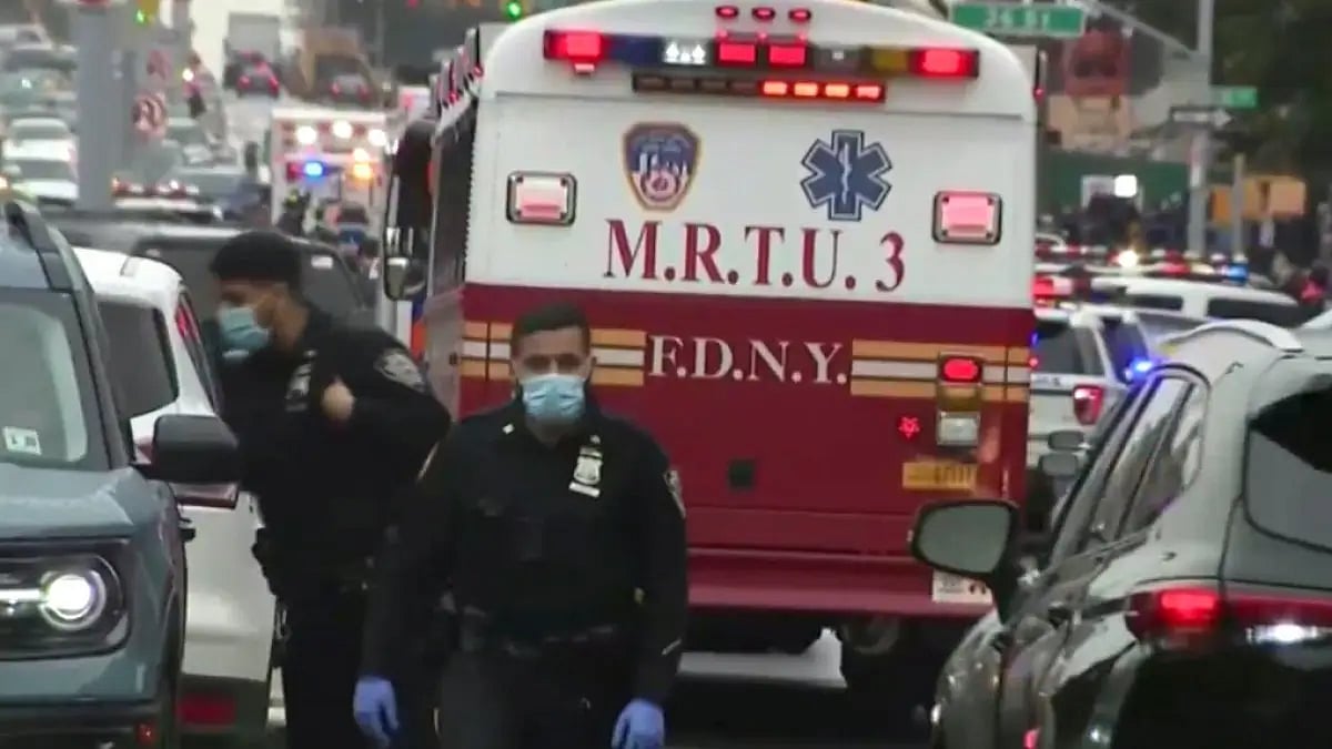 This still image provided by WABC shows law enforcement gathering at the scene of a shooting 