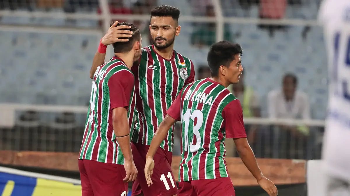 ATK Mohun Bagan players celebrate after one of their goals against Blue Star FC in AFC Cup 2022. 