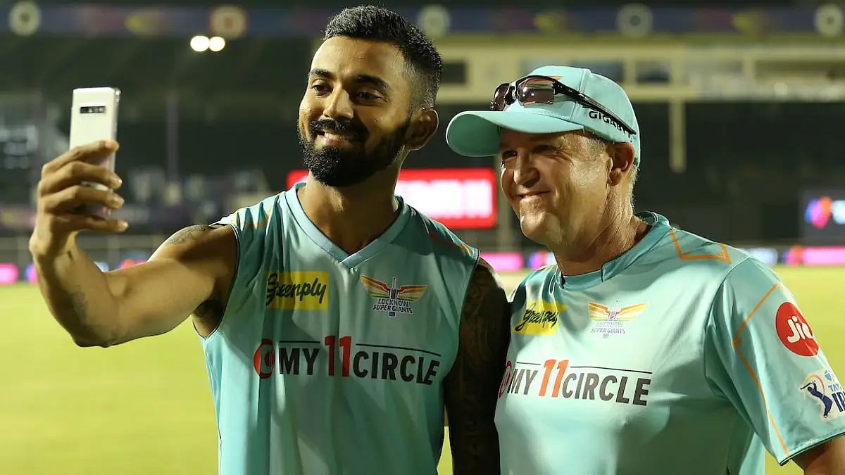 KL Rahul (L) and Lucknow Super Giants head coach Andy Flower after their win against Mumbai Indians.