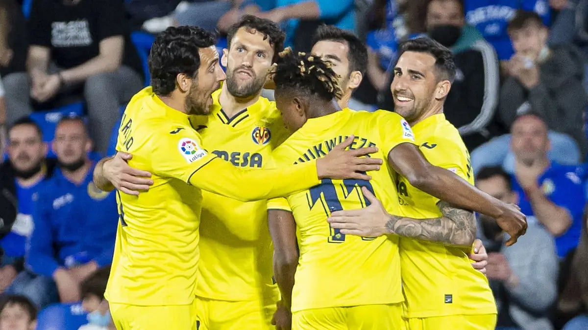 Villarreal players celebrate one of their goals against Getafe in La Liga. 