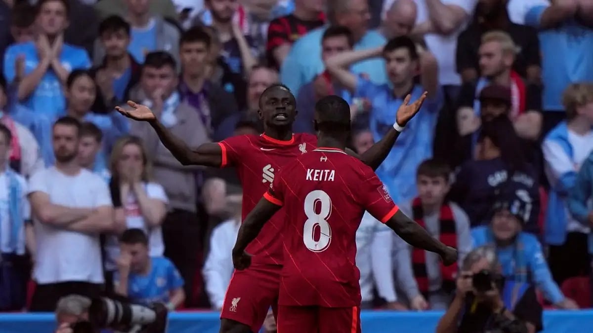 Liverpool's Sadio Mane celebrates after scoring against Manchester City in FA Cup semifinal.