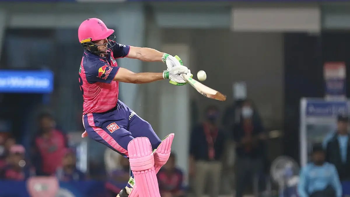 Jos Buttler of Rajasthan Royals plays a shot during their IPL 2022 match against Gujarat Titans at the DY Patil Stadium in Mumbai on April 14.
