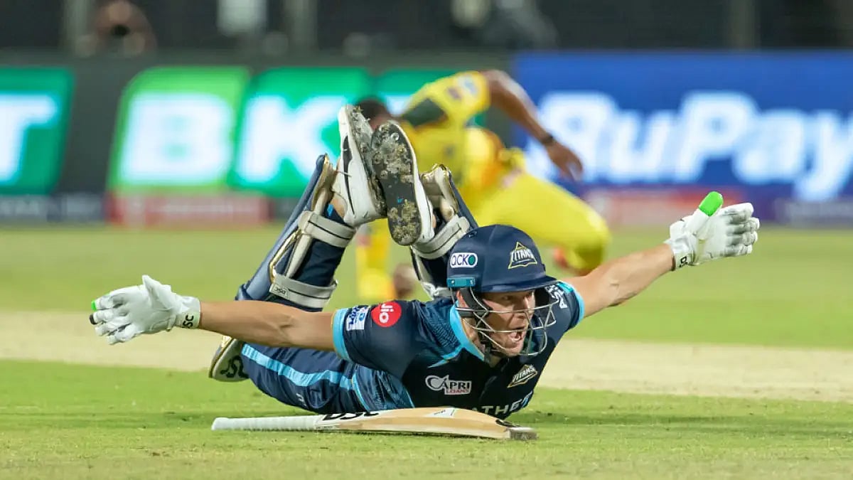 Gujarat Titans' David Miller celebrates after their win over Chennai Super Kings in match 29 of IPL 2022.