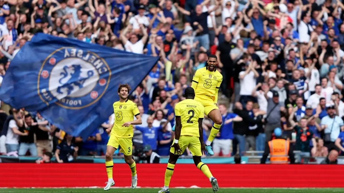 Chelsea players celebrate after scoring against Crystal Palace in FA Cup semifinal at Wembley.