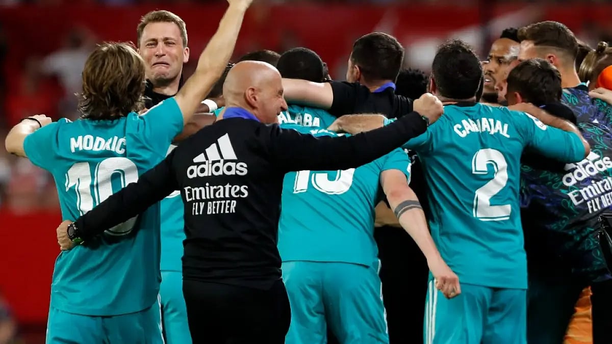 Real Madrid players celebrate their win over Sevilla in Spanish La Liga.