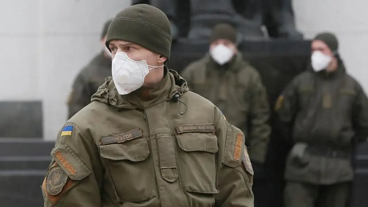 National guard wearing face mask in Kyiv, Ukraine 