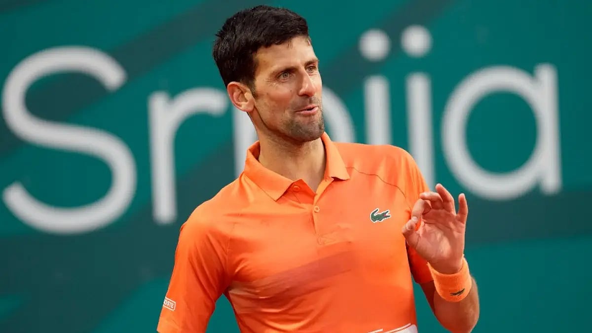 Novak Djokovic reacts after winning a match-point against Laslo Djere at Serbia Open 2022.