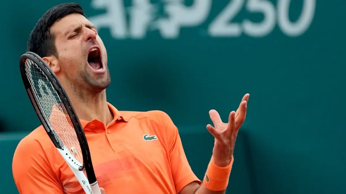 Novak Djokovic reacts after beating Miomir Kecmanovic at the Serbia Open 2022 quarterfinals.