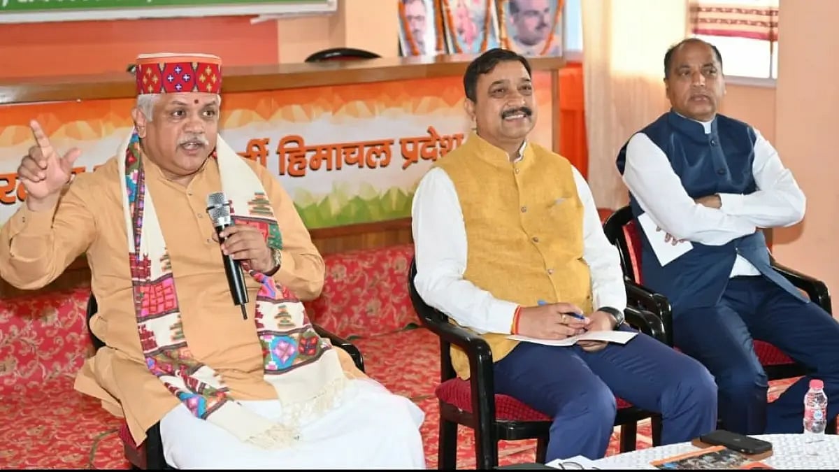 BJP national general secretary BL Santosh (left) addressing party office bearers in Shimla
