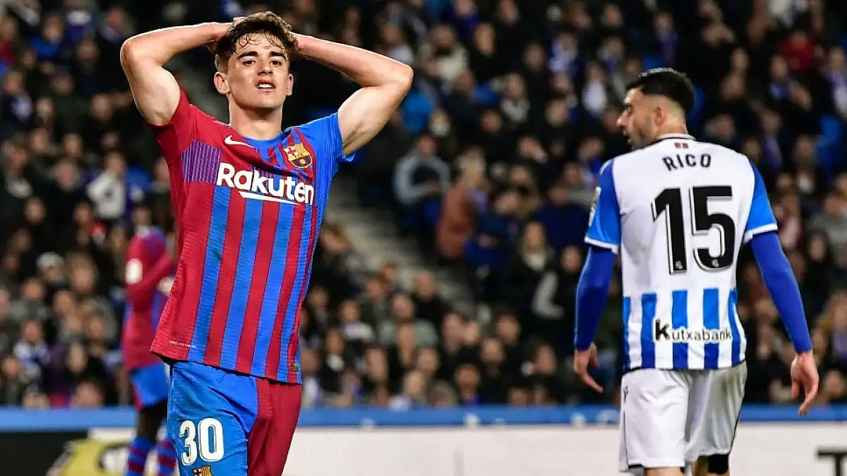 Barcelona's Gavi reacts after missing a chance against Real Sociedad in a La Liga 2021-22 tie.