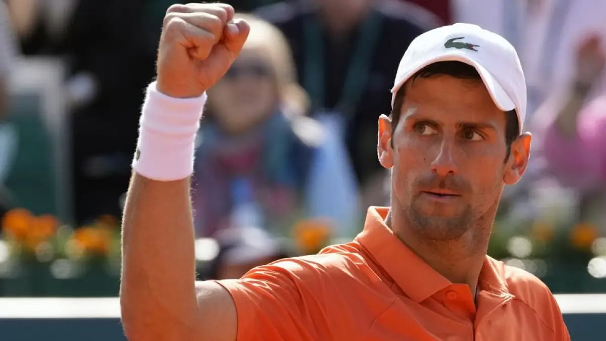 Novak Djokovic celebrates winning the semifinal tennis match of the Serbia Open 2022.