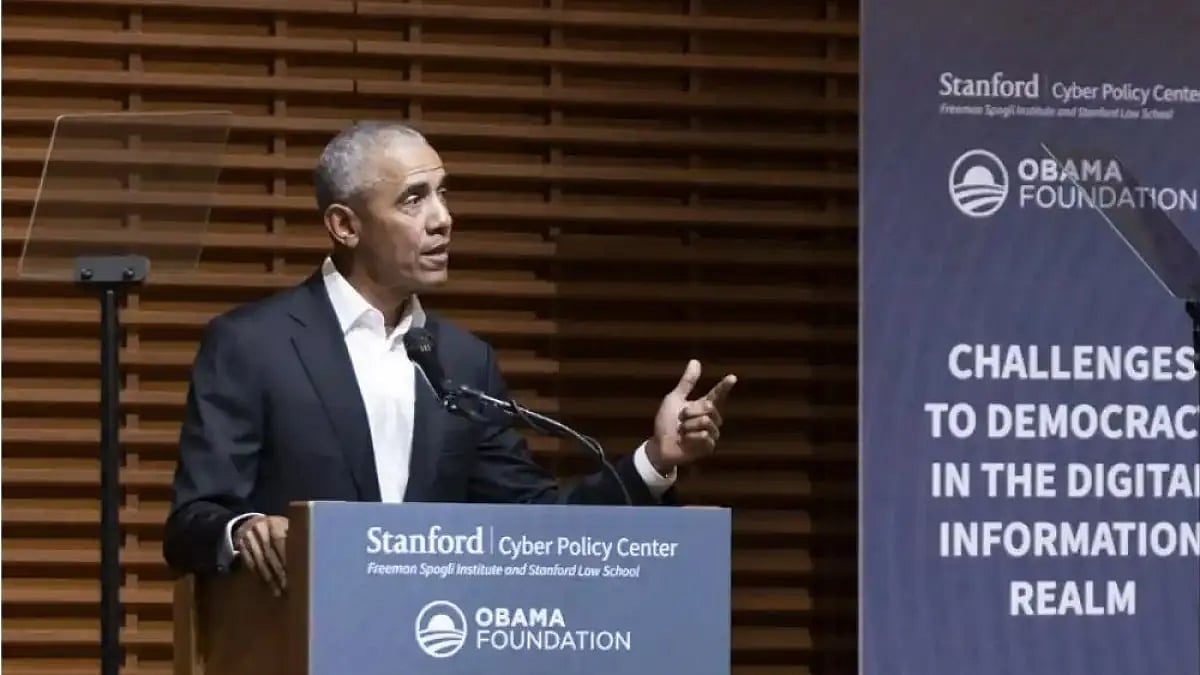 Barack Obama addressing at Stanford University. 