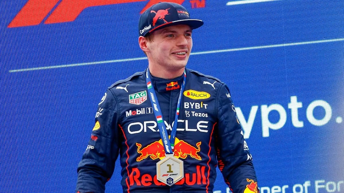 Max Verstappen celebrates after winning the Emilia Romagna F1 Grand Prix sprint race. 