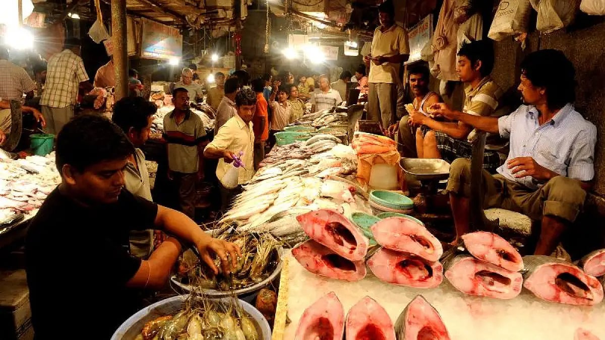A marketplace for fish, a popular food in West Bengal - null