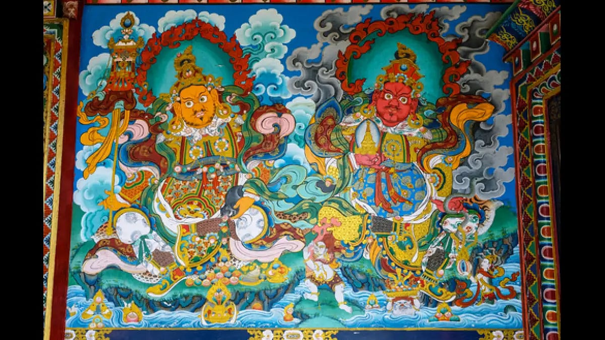 A painted wall inside Bhotia Busty Monastery
