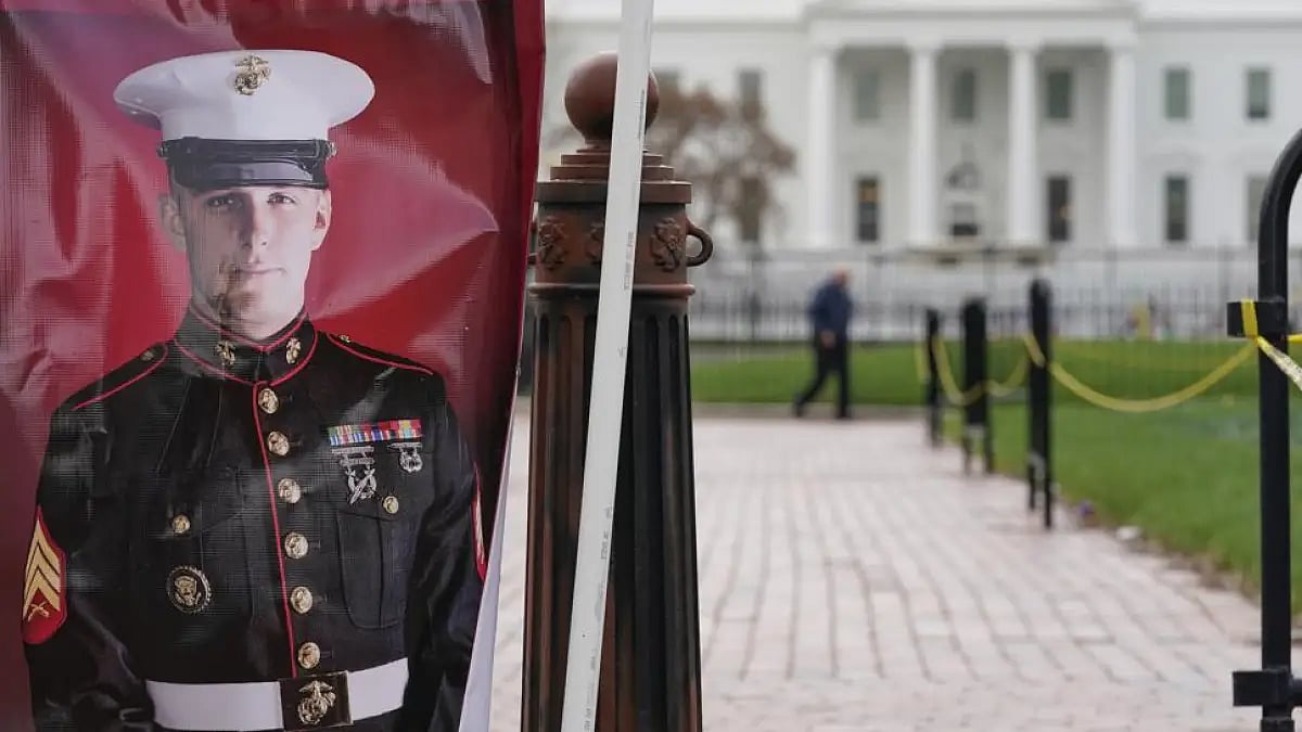  A poster photo of U.S. Marine Corps veteran and Russian prisoner Trevor Reed 