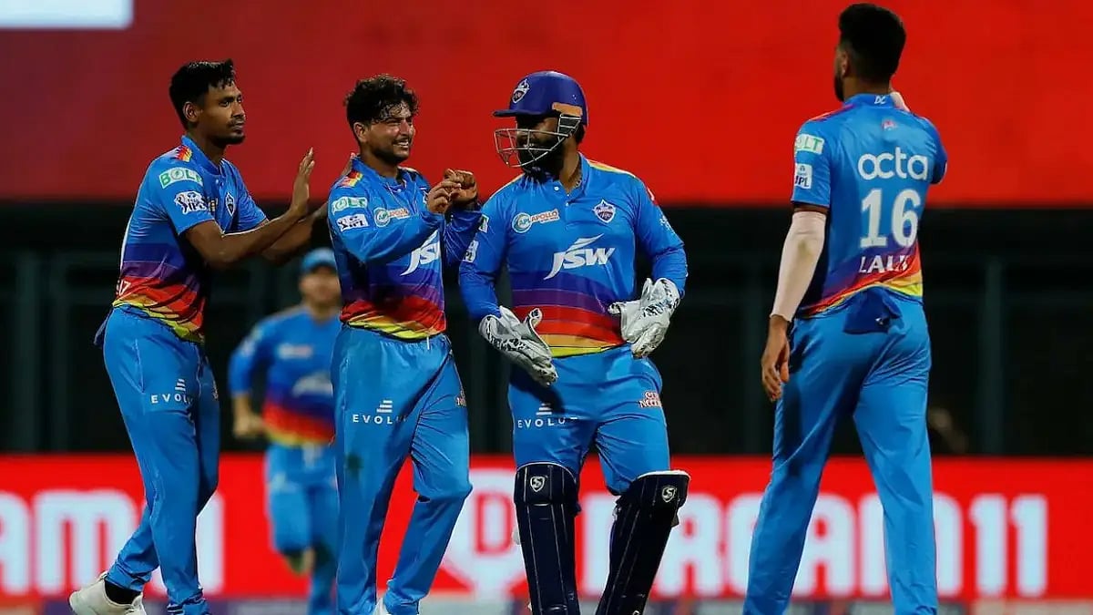 Delhi Capitals players celebrate a KKR wicket during their IPL 2022 match on Thursday.