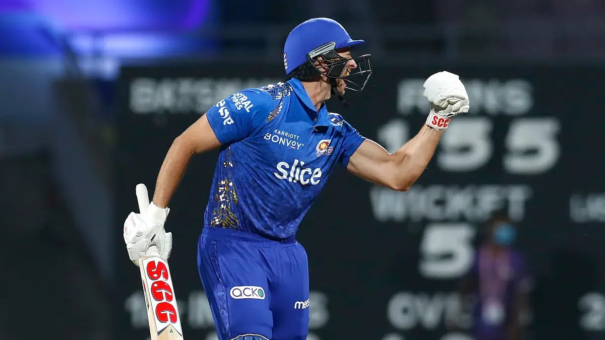 Daniel Sams rejoices after hitting the winning runs for Mumbai Indians in IPL 2022. 