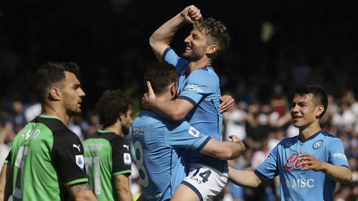 Napoli's Dries Mertens celebrates a goal against Sassuolo during their Serie A match.