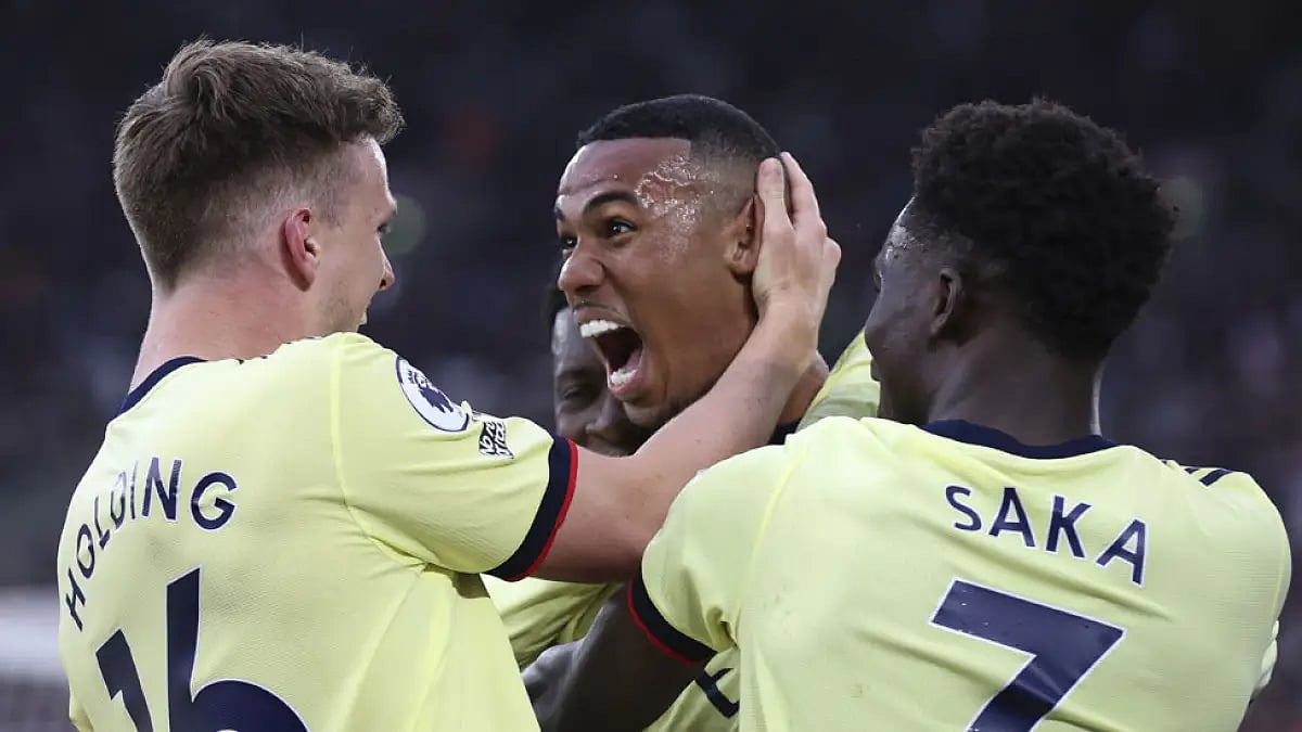 Arsenal's Gabriel, centre, celebrates a goal against West Ham United during their English Premier League match,  May 1, 2022.